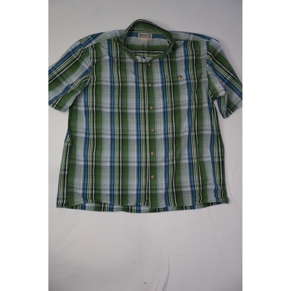 Duluth Trading Co Mens XL Plaid Short Sleeve Button Down Shirt Green Blue Cotton